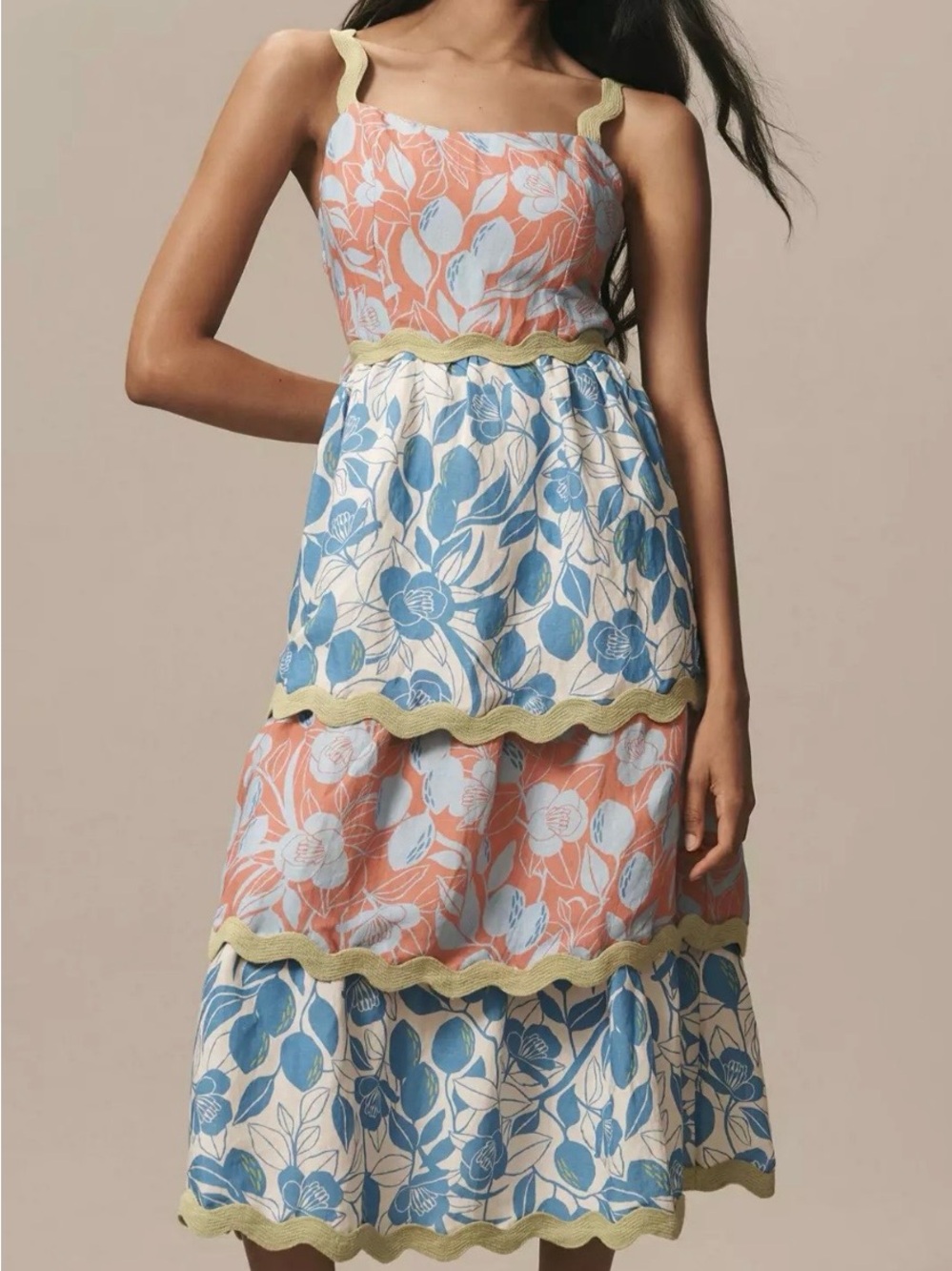 Farm Rio Floral Dress- Size Medium- Linen Tiered Midi Dress